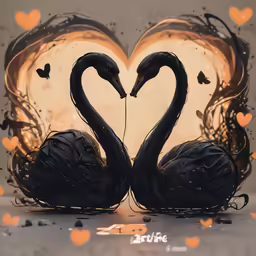 two black swans making heart shaped faces in front of a backdrop