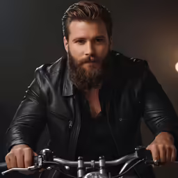 a bearded man riding on the handle bars of a motorcycle