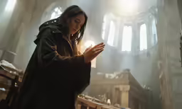 woman in large church holding her hands to pray