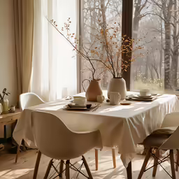 white flowers are in the vase next to an empty dining room table