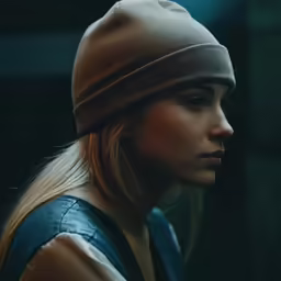 a woman wearing a hat and jacket looking away from the camera