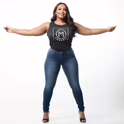 a woman is posing with her arms out in front of her