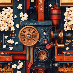 a wall of film and machinery in different stages