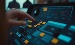 a hand pressing a button on a sound board
