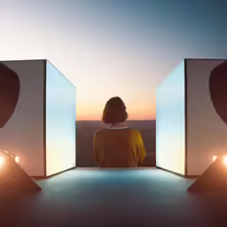 a woman standing alone between two mirrors