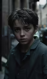 a young boy with a dark coat on a city street