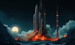 a space ship in the ocean is flying by some rocks