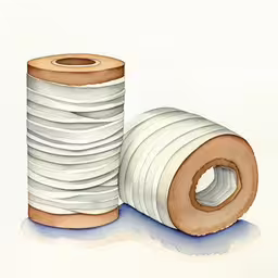 a painting of white rolls of thread on a plain background,two rolls of white paper with a spool of thread