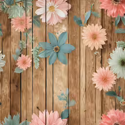 a wooden plank has floral wallpaper on it,a wooden surface topped with different colored flowers