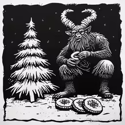 an image of a man with long hair and horns playing guitar near a fir tree