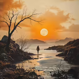 someone standing on the edge of the beach at sunset