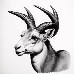 black and white image of an horned animal