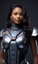 a beautiful black woman dressed in silver armor