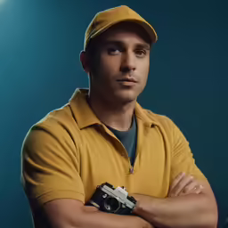 an image of a man in a polo shirt with his camera in front