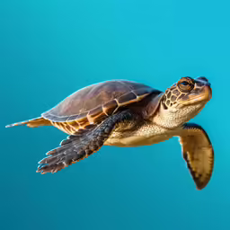 the green turtle is soaring through the blue sky