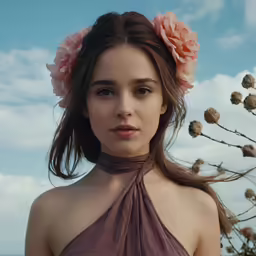 a woman with flowers in her hair stands by the ocean