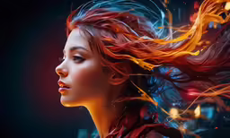 the beautiful woman with red hair is blowing out her hair