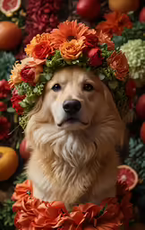 a close up of a dog wearing an arrangement of flowers on his head