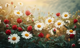 there is many red and white flowers in the field