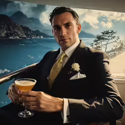 a man wearing a suit, holds a drink in his hands