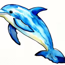 a blue dolphin on the bottom part of an ink drawing,a watercolor painting of a dolphin jumping in the air