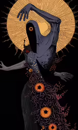 the illustration features a black creature with orange circles around its body