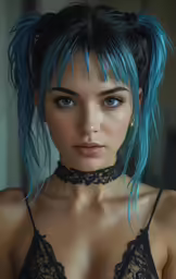 a woman with blue hair and black bra holding a red wine glass