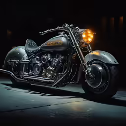 this motorcycle is lit up and dark in the background