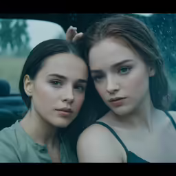 two beautiful young women standing next to each other in the rain