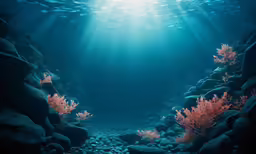 the sun beams shine in above the water on a seaweed reef