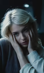 a blonde haired woman in a white shirt is posing