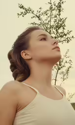 a woman wearing a tan tank top stares upwards at a tree
