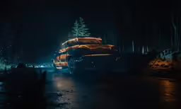the bright lights on the truck appear to be from a forest