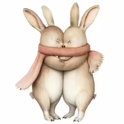 two rabbits with scarves hugging each other