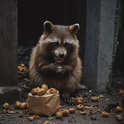 a brown raccoon is eating off a bag