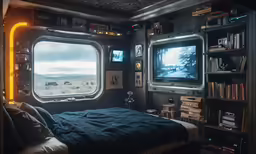 the television is on behind the bed in the room
