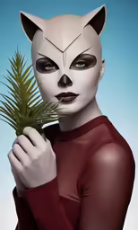 a woman is holding onto the palm tree