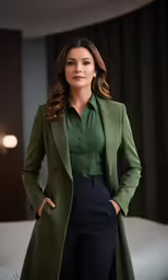 a woman wearing a green top and black pants