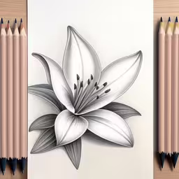 pencil drawings of flowers and leaves with different angles,two pencils next to a drawing of a lily flower