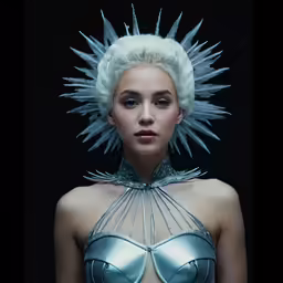 a woman with white hair and spiked headdress on