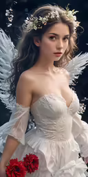 a beautiful girl wearing a white dress with angel wings