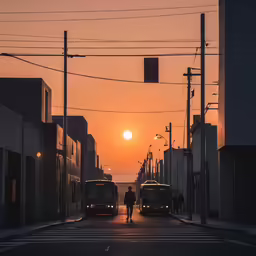 the sun is setting behind two large trucks on the road