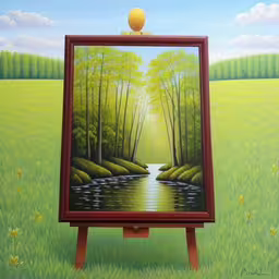 an oil painting with a lake and trees on it,a painting is on easel with green grass and trees near a stream,painting on easel of a stream in a meadow,painting, it shows a small stream through a green grass field that is in the shape of a frame,a painting is sitting in a field with an easel next to it