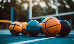 three balls with different basketball designs lined up in a row