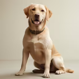 dog sitting in front of white wall with his tongue out