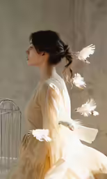 a woman in a dress looking off into the distance