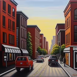 painting of a busy city street, featuring buildings and traffic