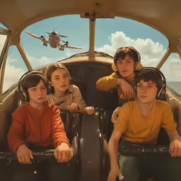 a group of kids sitting in a small plane