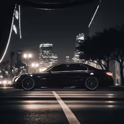 the black car is stopped in the street near tall buildings
