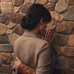 a woman standing next to a stone wall